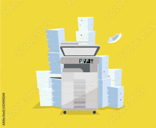 A pile of paper and documents stands above multifunction printer scanner. The copier is open for manual scanning stack of sheets. A lot of paperwork concept. Flat cartoon vector illustration.