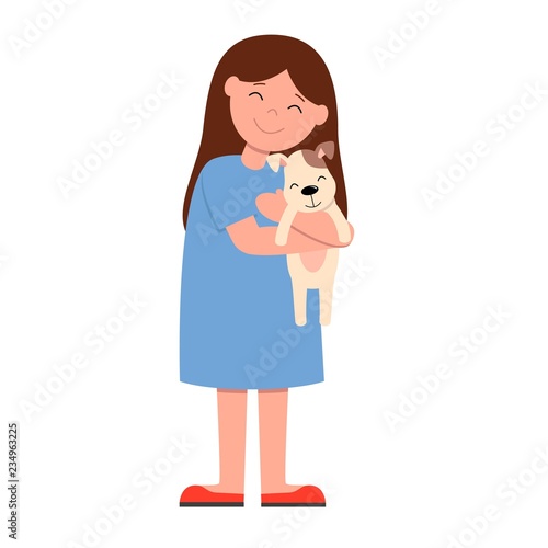 Laughing girl in blue dress holding and strongly cuddling dog. vector illustration of happy kid and pet.