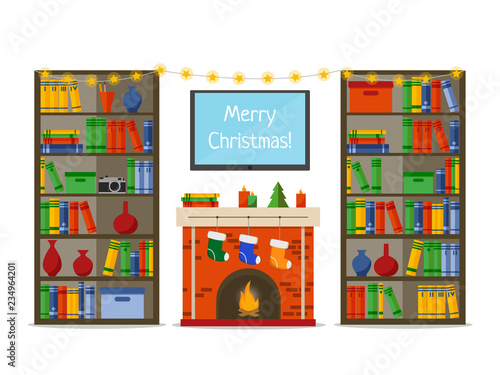 Christmas room interior. Christmas fireplace with gifts, socks in library, Flat style vector illustration.