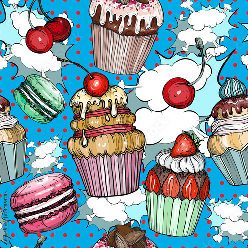 Seamless pattern with Cakes and cupcakes baked chocolate dessert, bakery colorful pop art