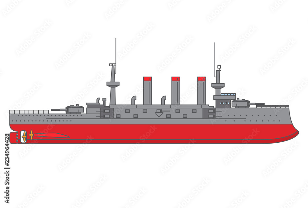 naval battleship against the background of the city in flat style a vector.The military steam ship with artillery in towers.Element design of the website historical games, children's toys.
