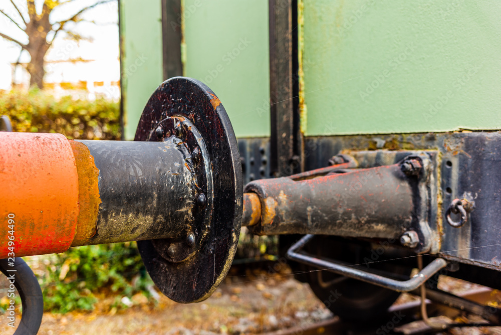 Closeup of the powerful bumpers of a train wagon Closeup of the powerful bumpers of a train wagon