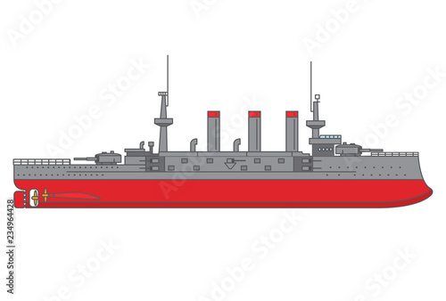 naval battleship against the background of the city in flat style a vector.The military steam ship with artillery in towers.Element design of the website historical games, children's toys.