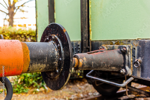 Closeup of the powerful bumpers of a train wagon