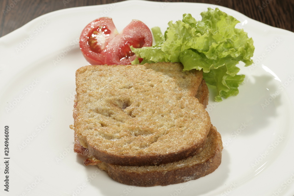 A shot of a slice of bread with a tomatoe and some salad on the side A shot of a slice of bread with a tomatoe and some salad on the side