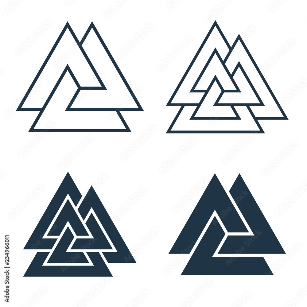 Interwoven triangles, valknut. Vector illustration. Collection of icons on white background. Interwoven triangles, valknut. Vector illustration. Collection of icons on white background.