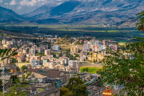 View of Old Town and modern buildings of Gjirokaster from the castle, UNESCO World Heritage Site, Albania