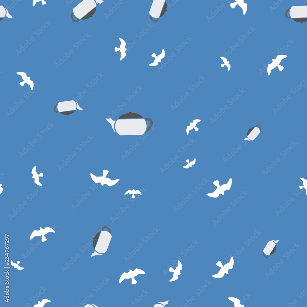 Fototapeta premium Teapot and bird seamless pattern color