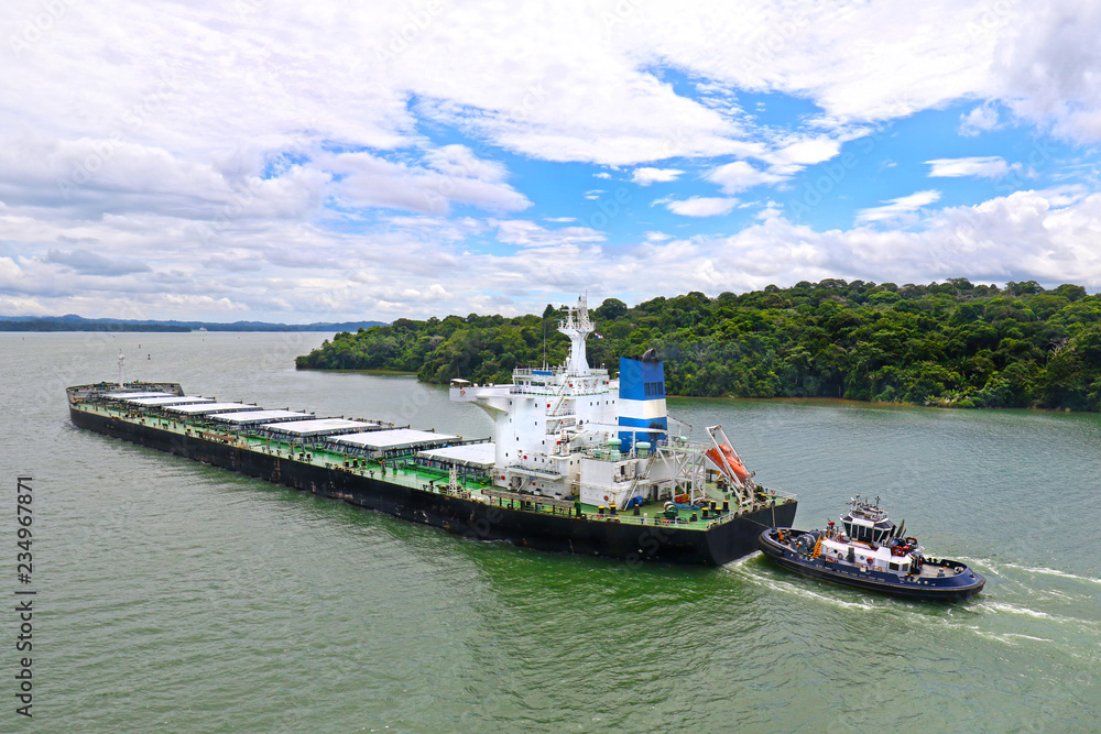 Cargo Ship and Tug Boat at Lake Gatun, Panama Canal, Panama. Central America Man made Lake