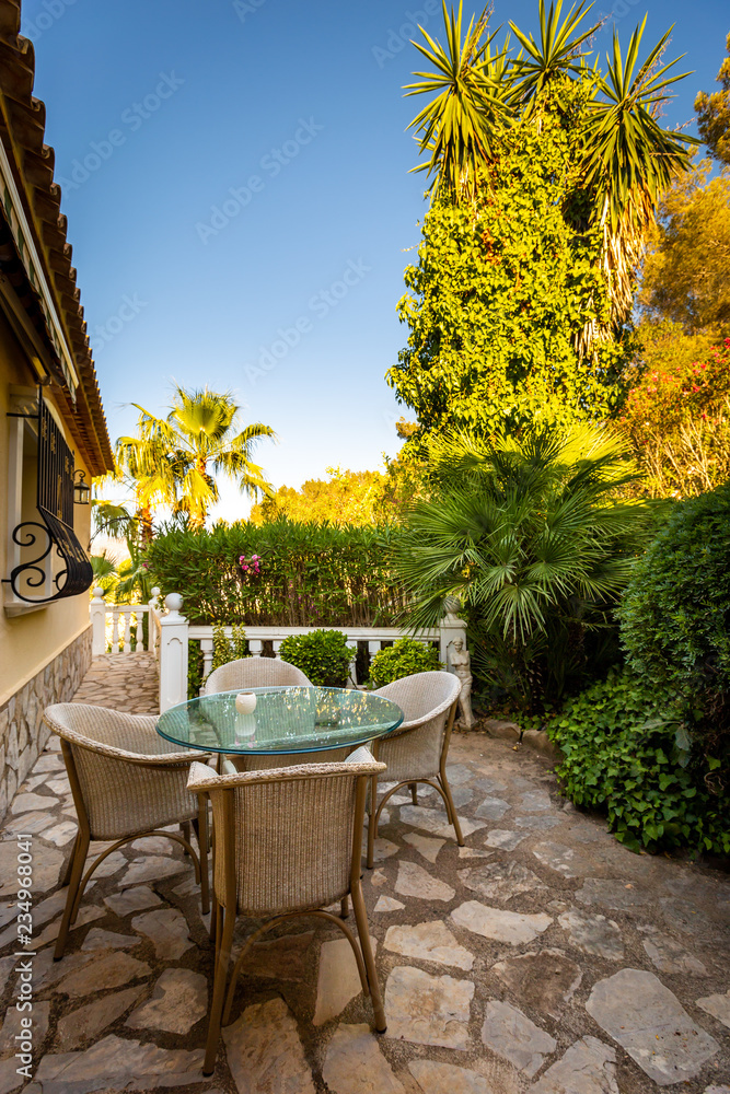 Fototapeta premium The dining room in classical style, light furniture, marble, luxury.