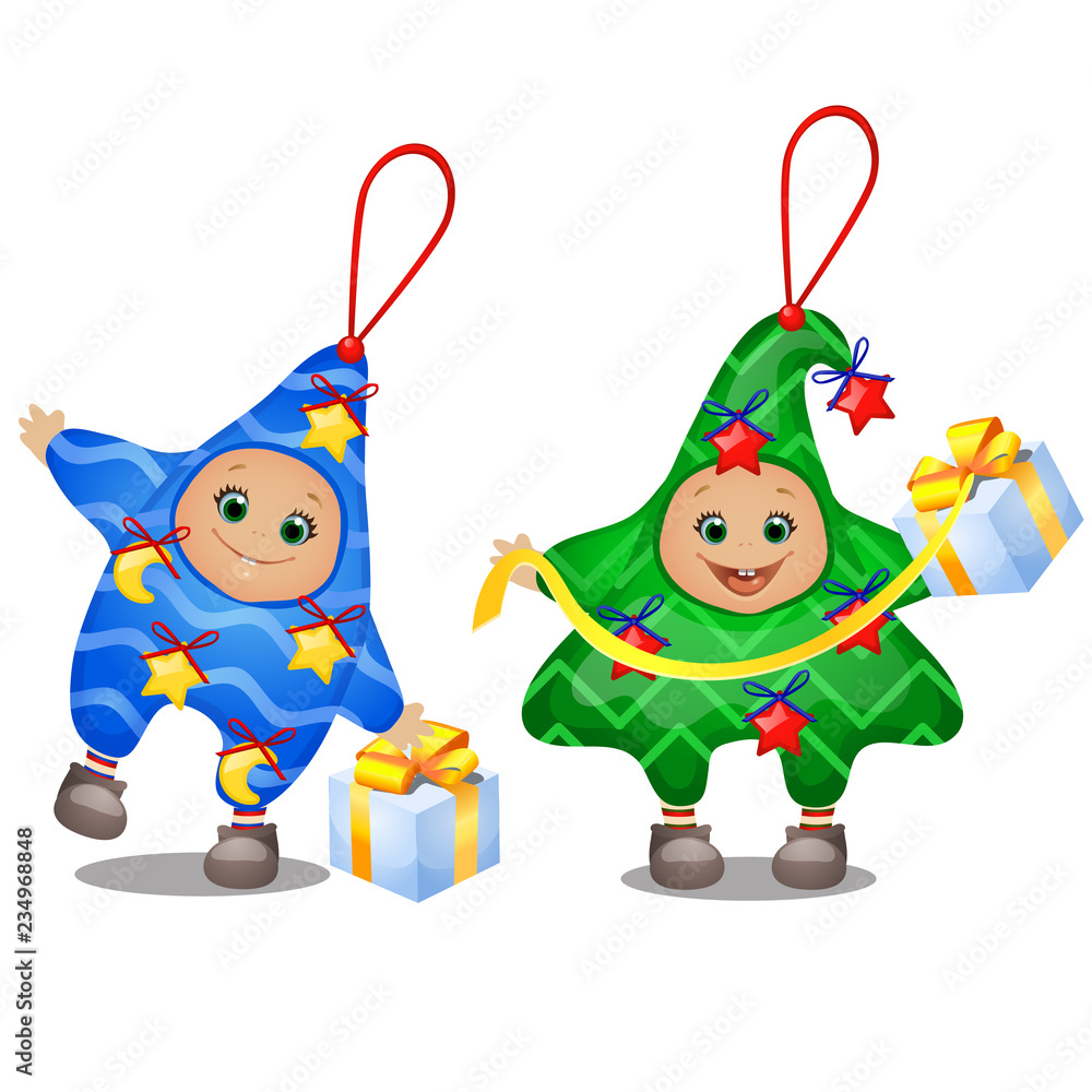 Carnival costumes for children. Set of soft funny Christmas decorations in  the shape of star and Christmas tree isolated on white background. Sketch  of festive poster, party invitation, holiday card. Stock Vector