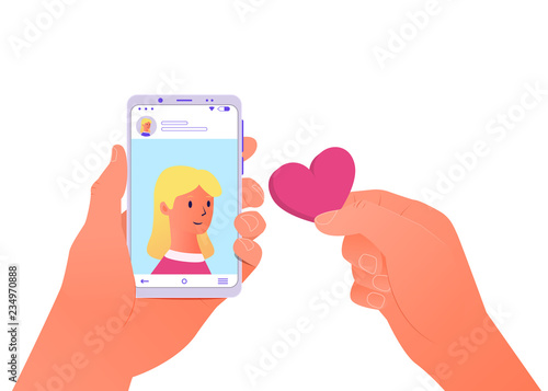 Social media. Man hold in hand smartphone and heart. Vector illustration