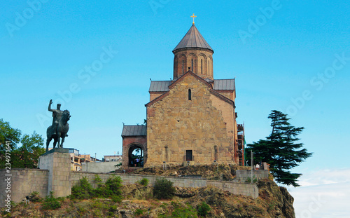 Virgin Mary Metekhi church and Vakhtang I Gorgasali statue in Tbilisi, Georgia