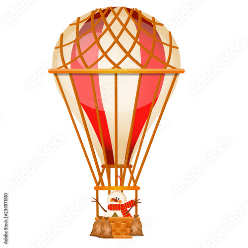 Bright aerostat with snowman isolated on white background. Vintage air transport for trip around the world, travels, romantic adventures. Character of Christmas. Vector cartoon close-up illustration.