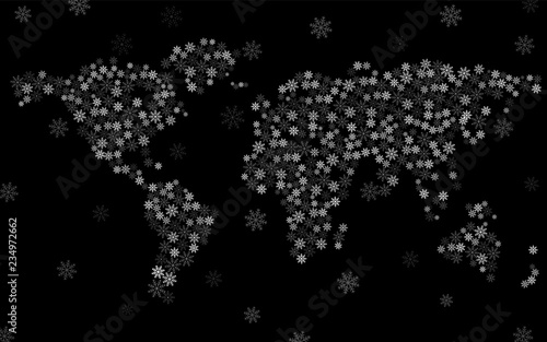 Abstract world map of snowflakes, christmas background