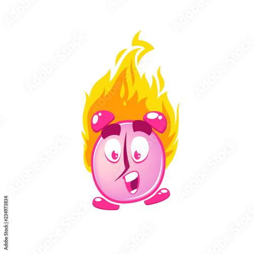 Cartoon alarm, clock, fire, scream get up, vector flat cartoon funny and cute character of alarm isolated on white background