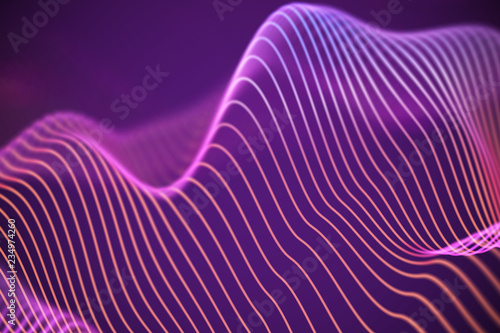 3D Sound waves. Big data abstract visualization. Digital technology concept: virtual landscape. Futuristic background. Pink sound waves, visual audio waves equalizer, EPS 10 vector illustration.