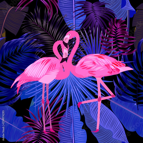 Seamless pattern of flamingo, leaves monstera. Tropical leaves of palm tree and flowers.