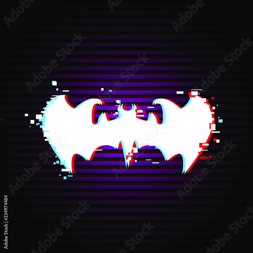 Bat emblem, sign with glitch effect, vector illustration