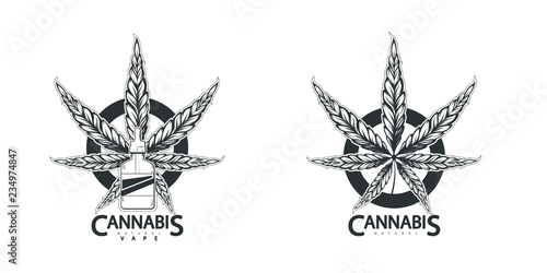 Emblem with cannabis leaves and vape liquid, vector logotype illustration isolated on white background, set of logo, smoke natural cannabis