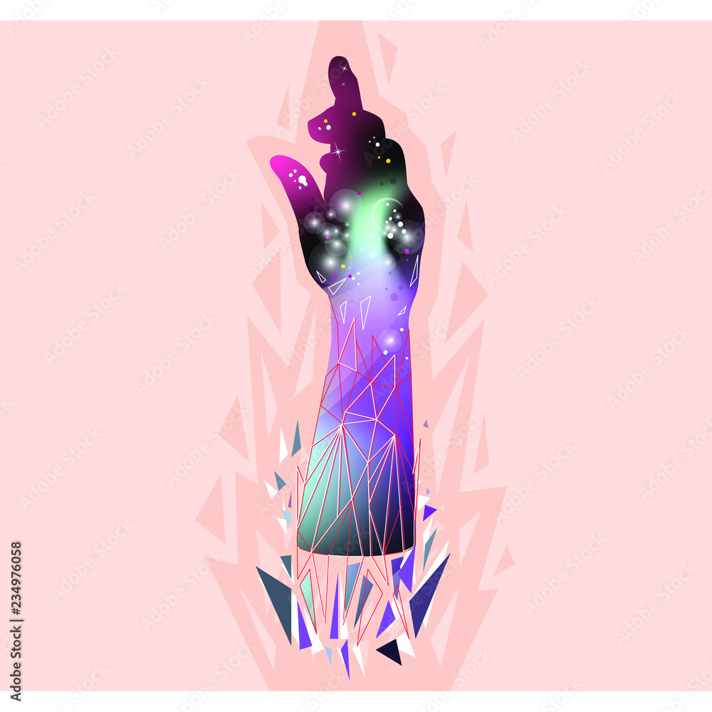 Hand with galaxy sky, planets, stars and geometry lines, vector illustration an be used for some print or poster