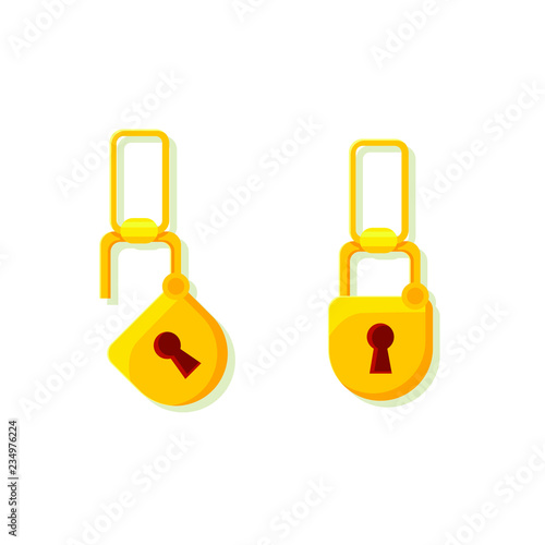 Padlock icon flat, locked and unlocked vector cartoon illustration isolated on white background