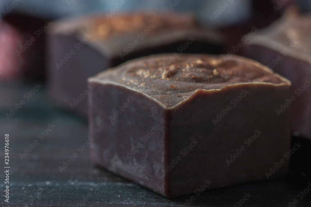 Closeup of organic handmade soap with natural chocolate. Closeup of organic handmade soap with natural chocolate.