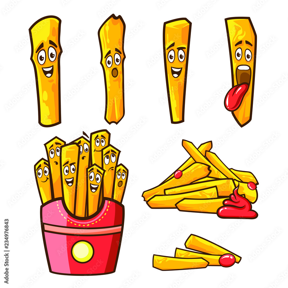 Cartoon character set of French fries, vector illustration isolated on