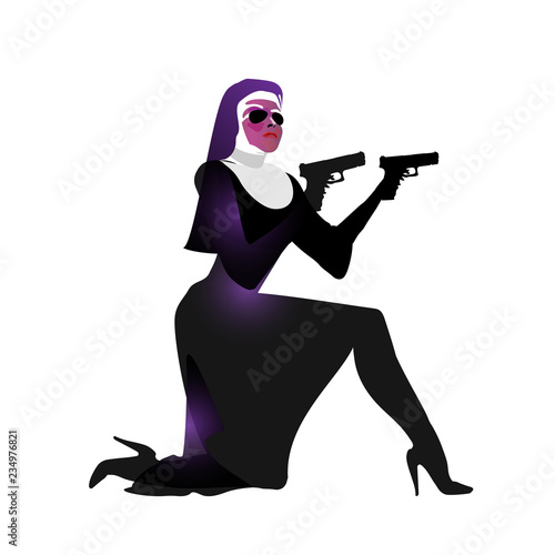 Silhouette beautiful nun in an action movie film shootout pose with a gun sit. Silhouette girl, lady vector illustration of spy. Shooting a gun with a prayer. Spirituality