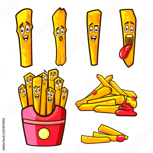 Cartoon character set of French fries, vector illustration isolated on white background