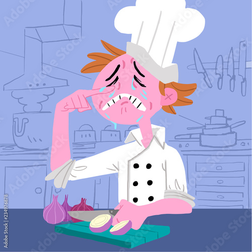 Cocinero cortando cebolla y llorando