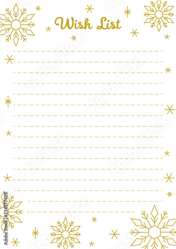 Christmas wish list, printable, golden lettering and geometric Christmas ornaments and stars isolated on white background