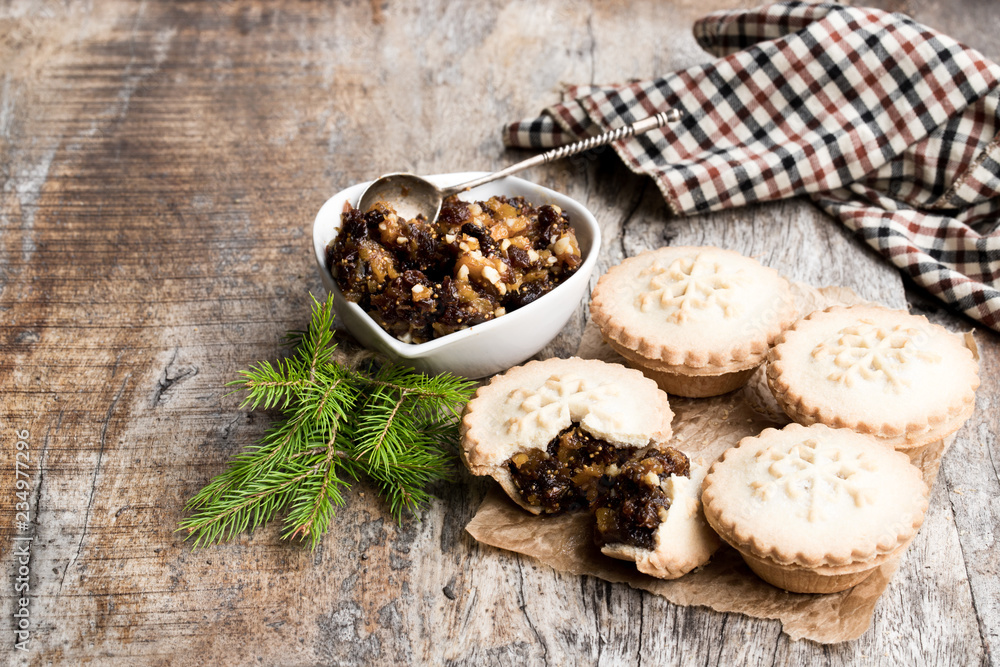 Mince pie group on wooden table Mince pie group on wooden table