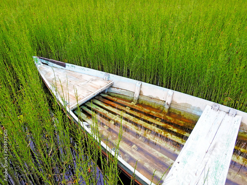 Old rustic wooden fishing boats on the lake with green water lily and green water grass        