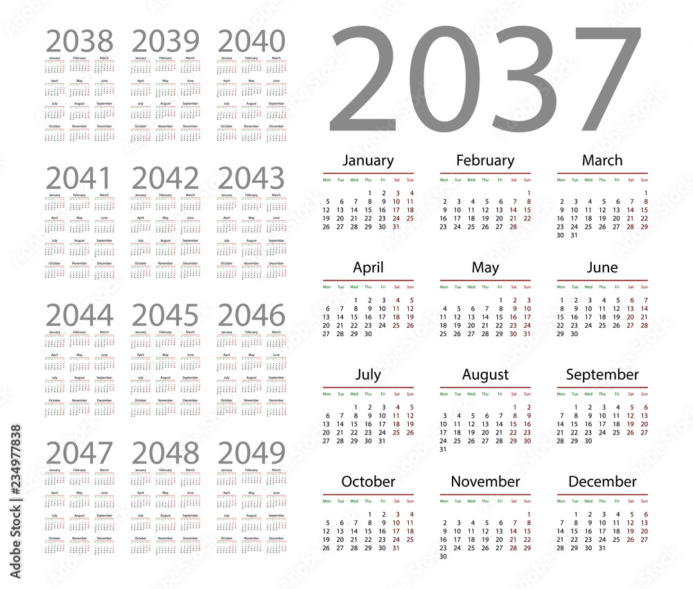 Simple calendar 2037 on white background. Vector illustration