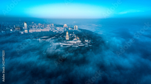 Aerial view of the right bank of Kiev covered with thick fog © LALSSTOCK