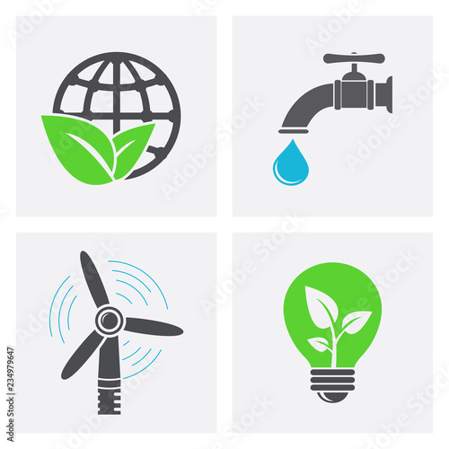 World and leaf, windmill, faucet with water drop and eco light bulb icons