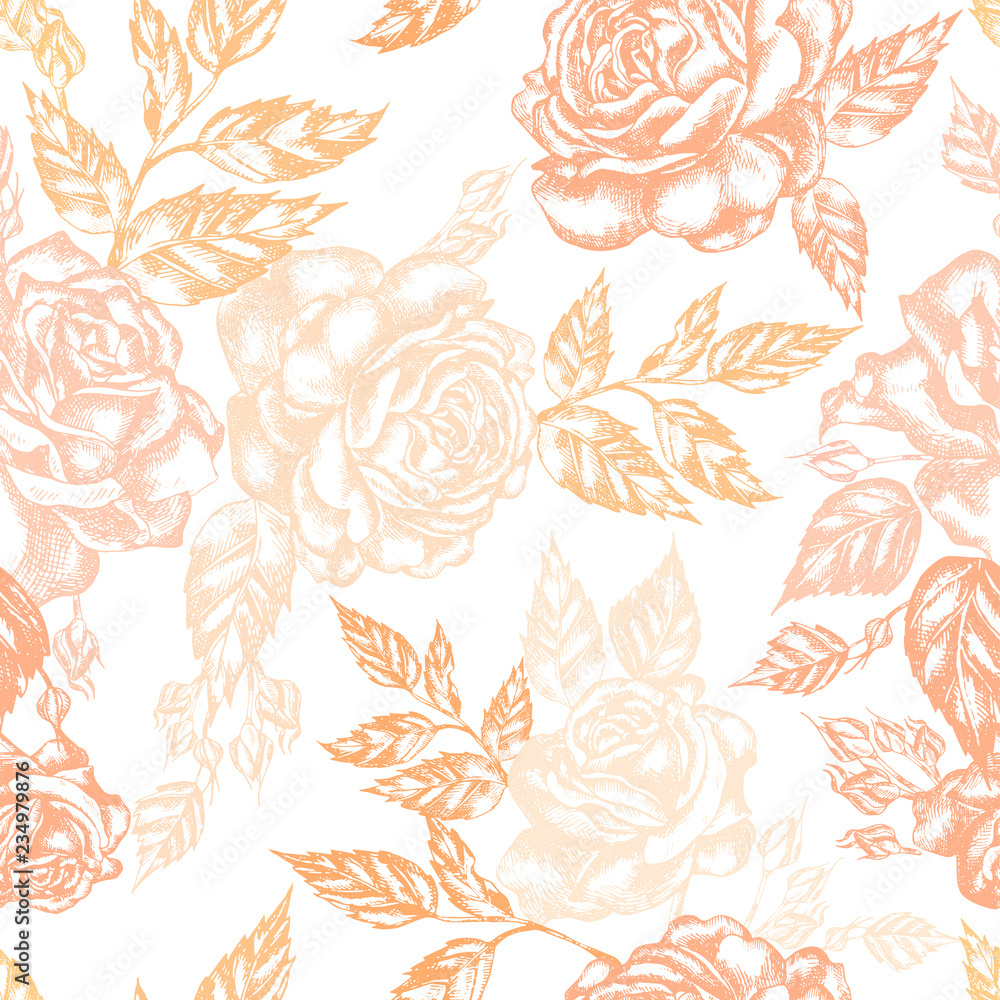Beautiful graphic pattern with rose flowers. 