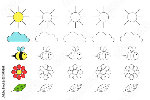 drawing worksheet for preschool kids with easy gaming level of difficulty. Simple educational game with sun, cloud, bee, flower and leaf for children photo