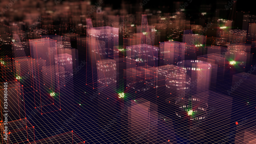 3D Rendering technological digital background consisting of a futuristic city with data
