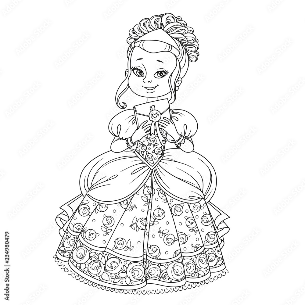 Fototapeta premium Beautiful princess holding letter in an envelope outlined picture for coloring book on white background