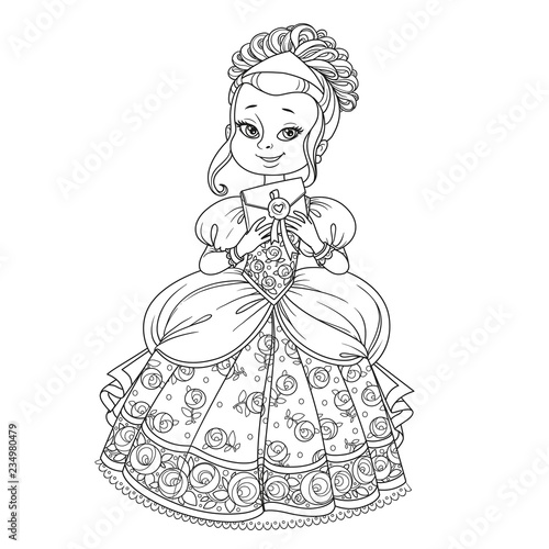 Beautiful princess holding letter in an envelope outlined picture for coloring book on white background