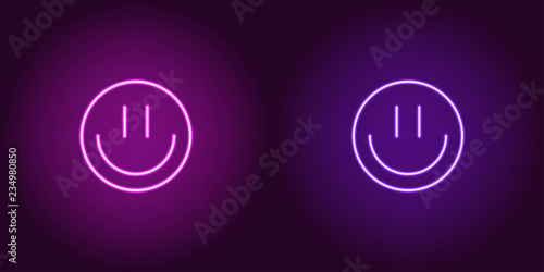 Neon emoji with smile, glowing sign. Vector icon