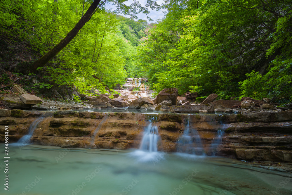 Obraz premium River in mountain of Caucasus. Summer landscape with waterstream and water in forest of Caucasus mountain.