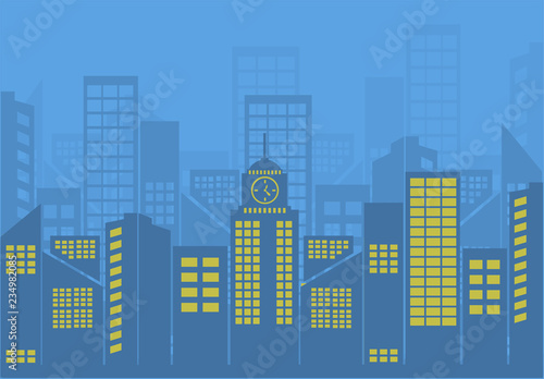 Flat night urban cityscape on blue background illustration