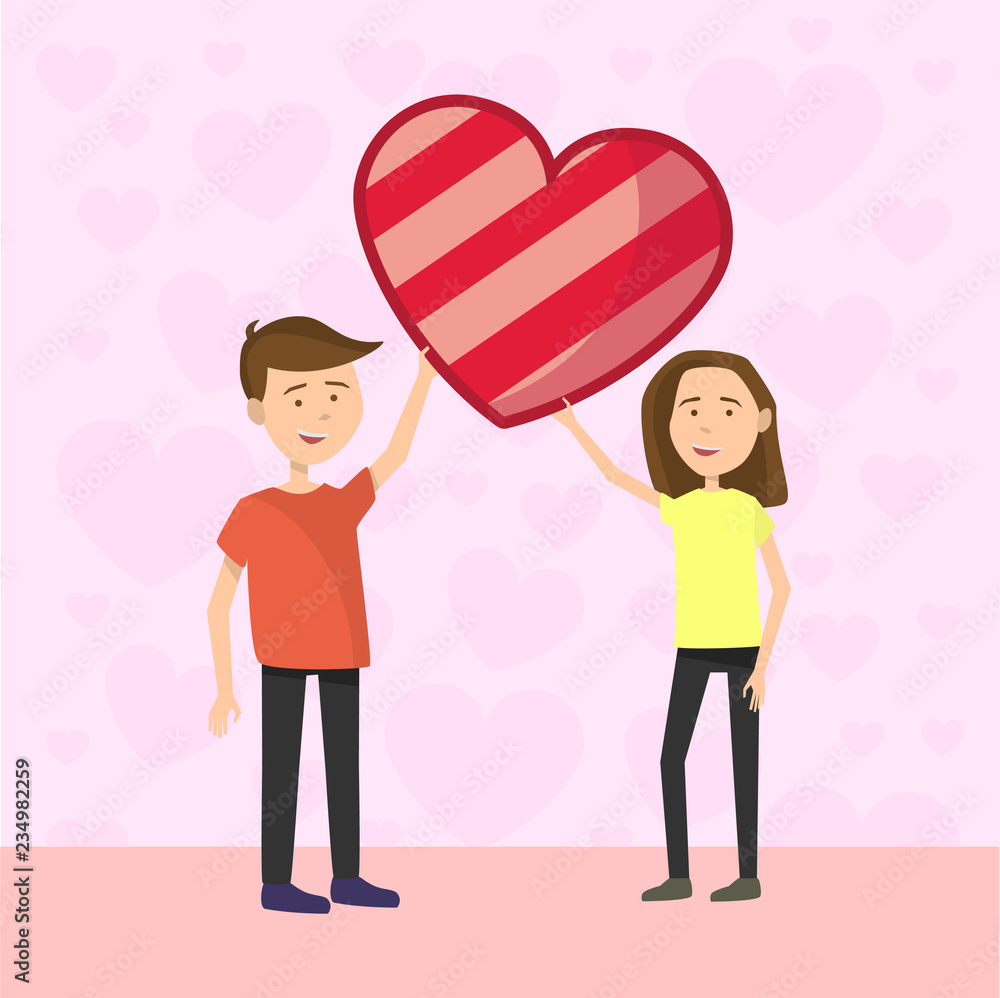 Flat Couple holding heart on Valentines day on pink background Flat Couple holding heart on Valentines day on pink background