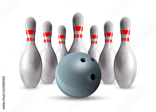 Bowling. Skittles with a mirror image. Realistic vector poster.