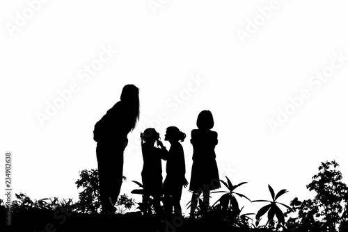 Silhouette of people with tree bush on white background.