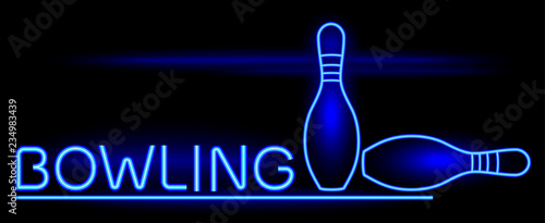 Bowling. Neon glow. Skittles with text on a black night background. Sports poster. Vector image.