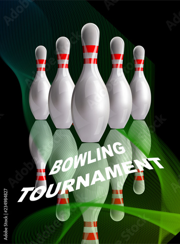 Bowling. Skittles and a red ball with a mirror image on the glass. Night image. Realistic vector poster.
